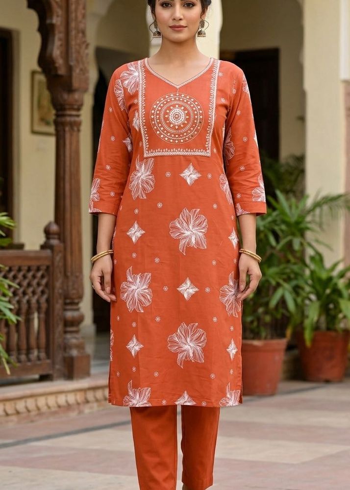 Orange Kurta Set with White Floral Print