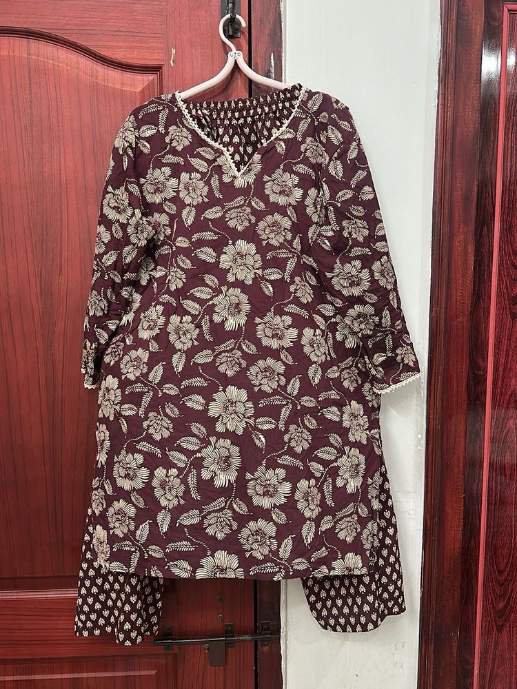 Brown Floral Print Coord Set with scalap border
