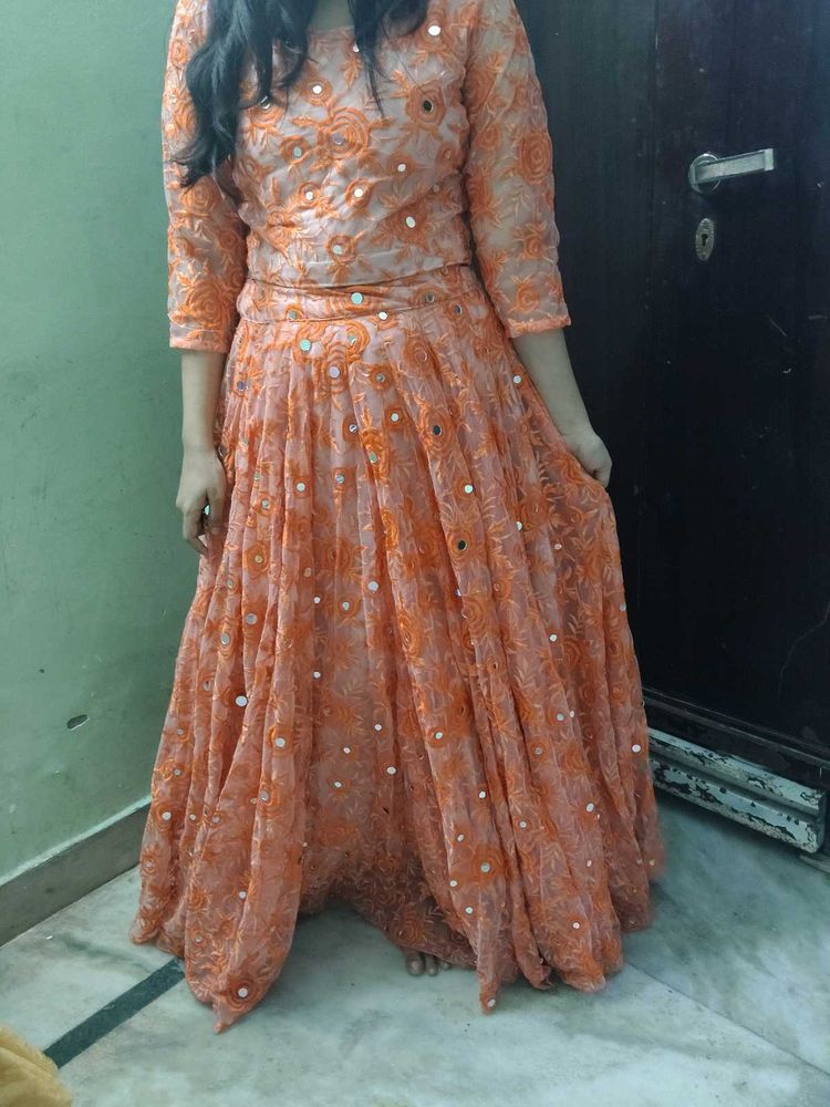Beautiful Orange Embroidered Lehenga Set