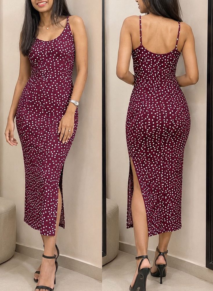 Maroon Polka Dot Midi Dress
