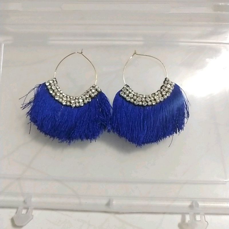 Blue Tassel Hoop Earrings
