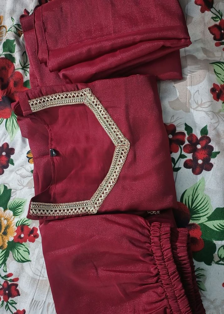 Maroon Kurta Set with Embellished Neckline