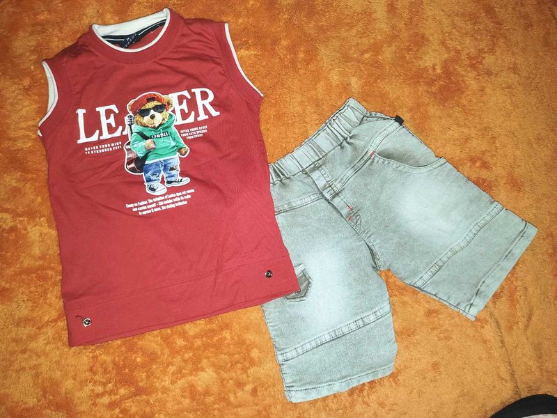 Cute Bear Print Sleeveless Top &amp; Denim Shorts Set