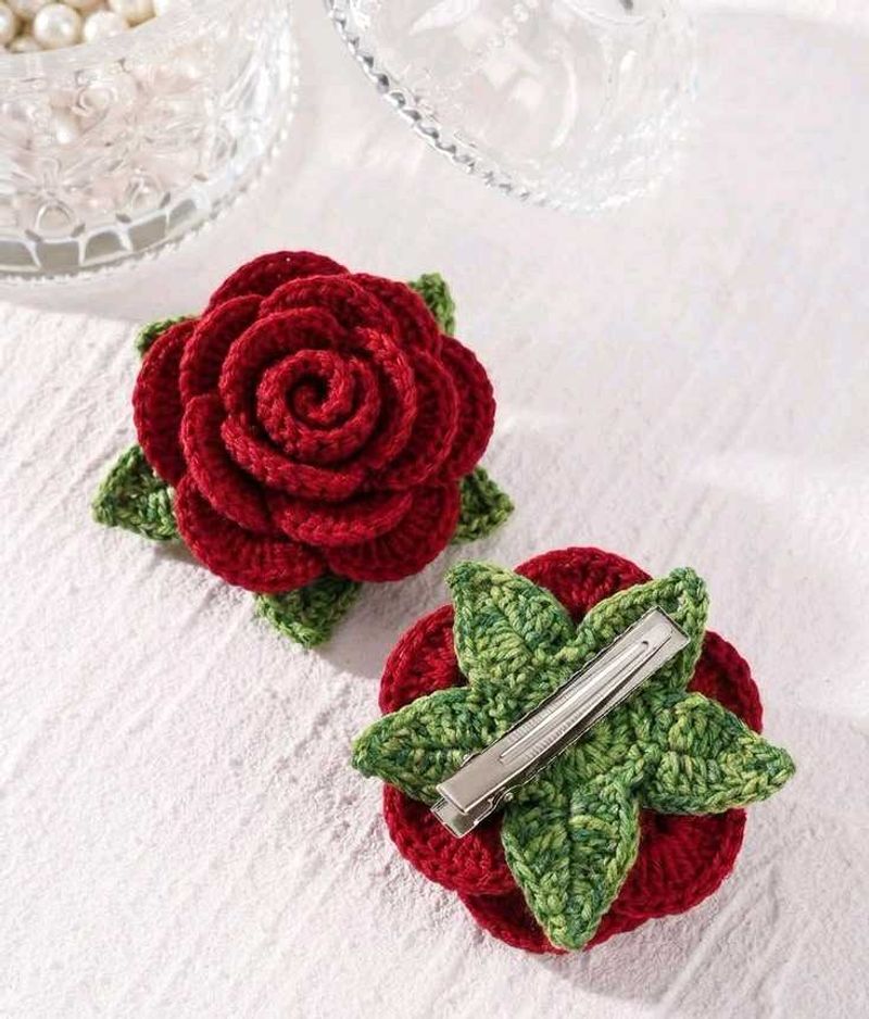 Handmade Crochet Rose Hair Clips