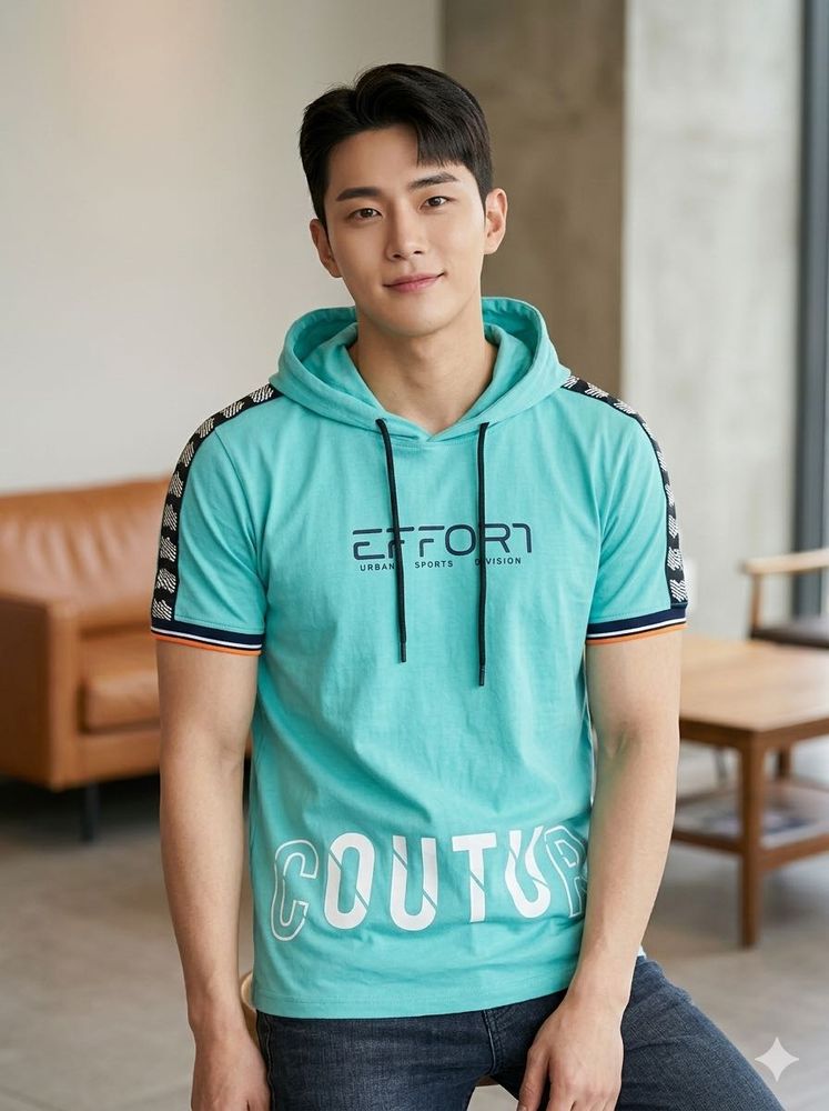 men cotton Teal Hooded T-Shirt
