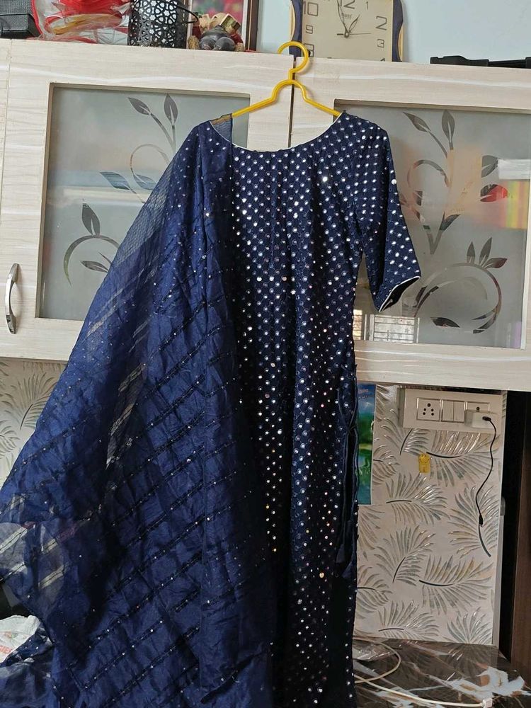 Elegant Navy Blue mirror work Kurta&amp;dupatta