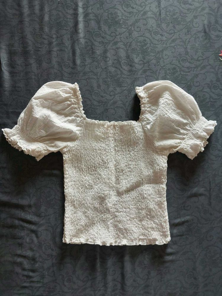 White Smocked Puff Sleeve Off Shoulder Top