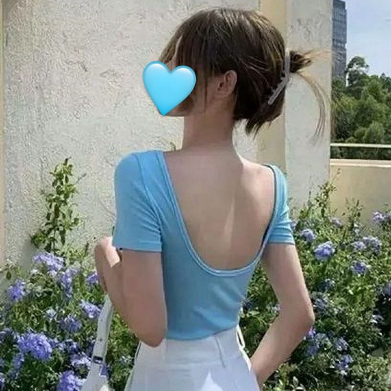 Cute Light Blue Deep Back Cropped T-Shirt