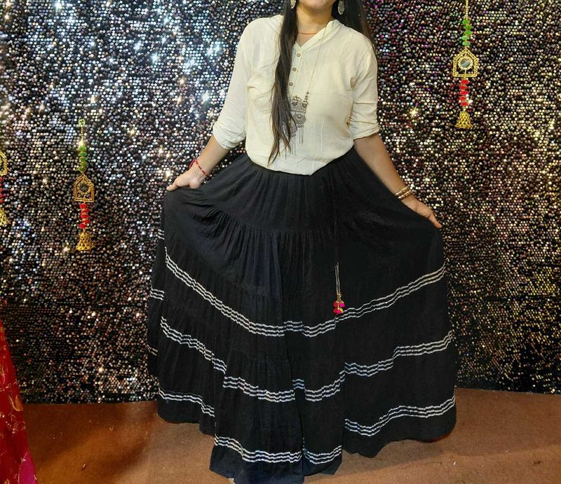 Flowy Black Ethnic Skirt and cream short top