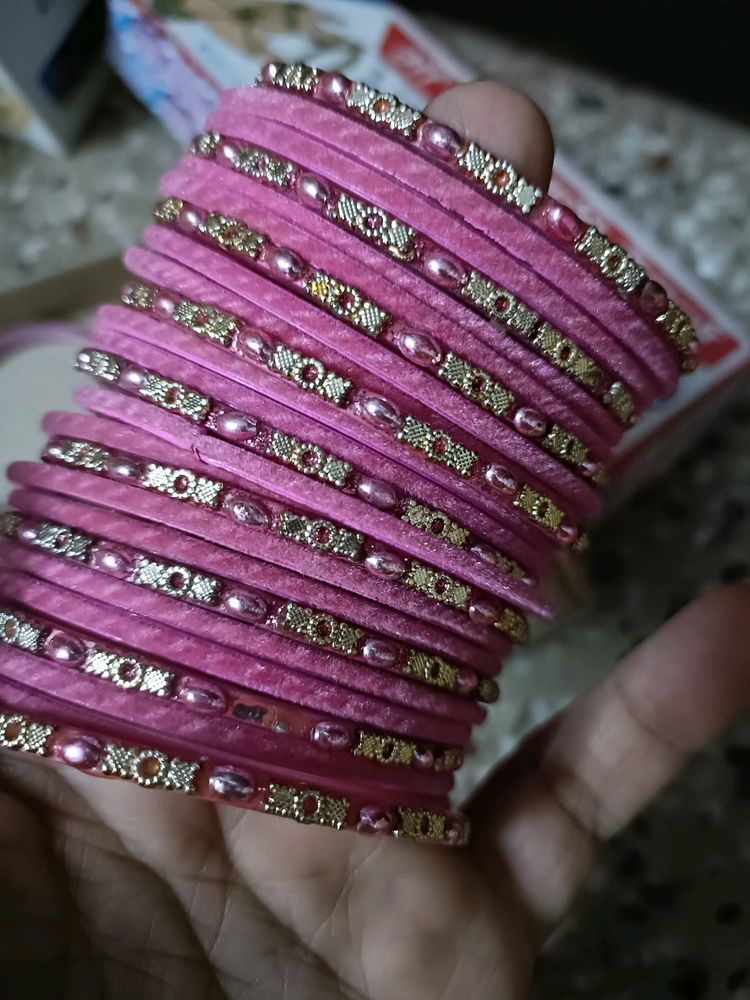 Beautiful Pink Glass Bangles Set In 2'6 Size