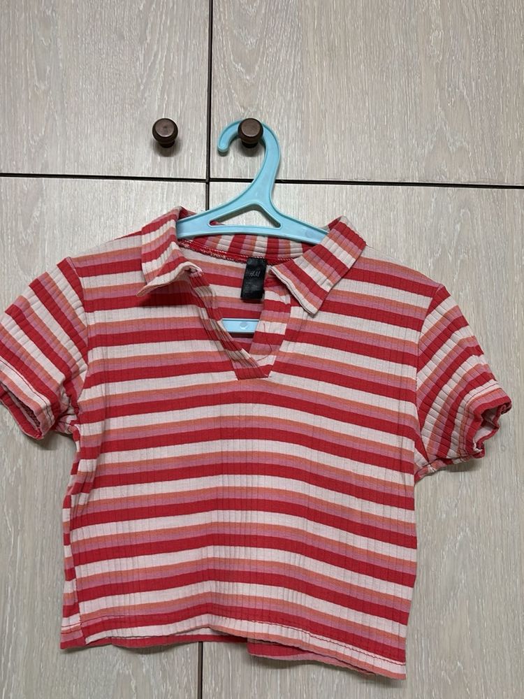 Striped Cropped Collared Top