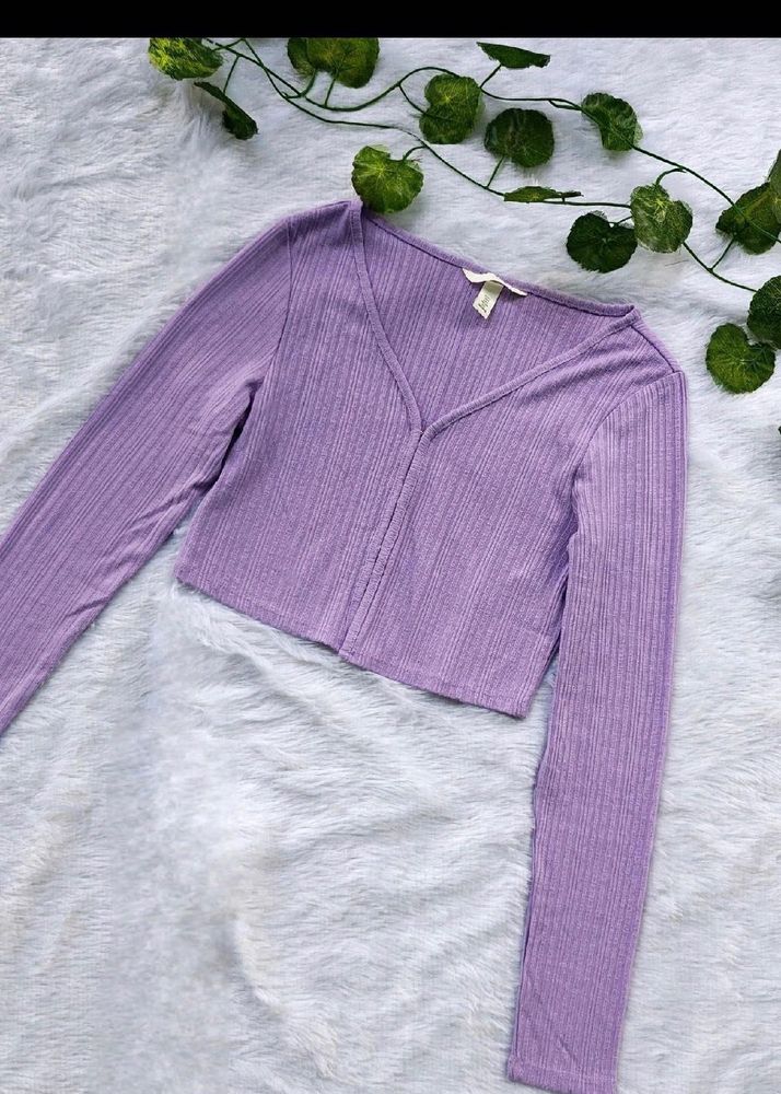 Lilac Ribbed Cropped Cardigan
