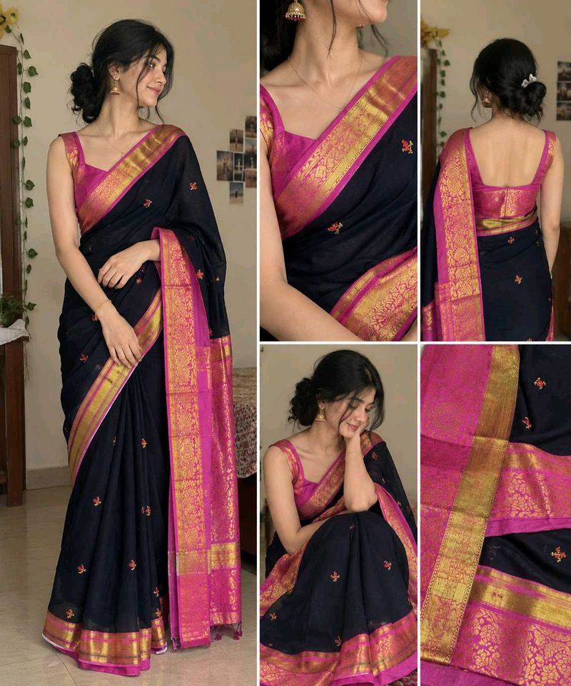 Elegant Black &amp; Pink Silk Saree