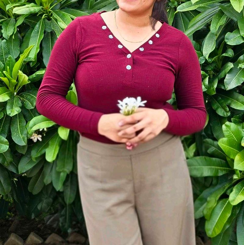 Stylish Burgundy Ribbed Henley Top