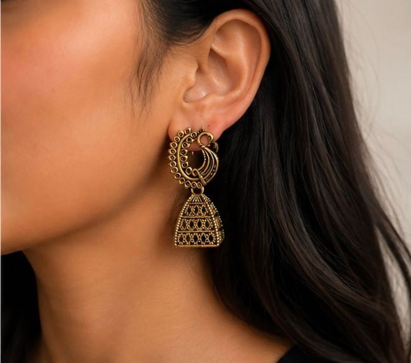Antique Gold Peacock Jhumka Earrings