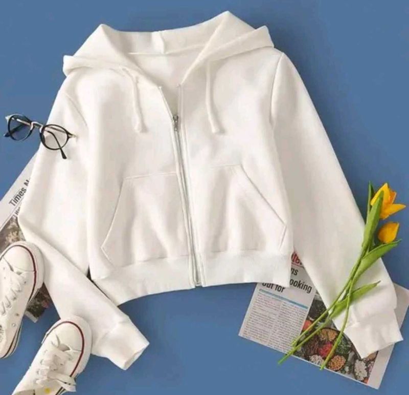 White Cropped Zip-Up Hoodie