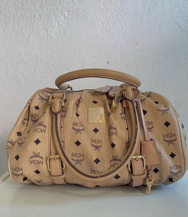 MCM Cognac Visetos Coated Canvas Boston Bag