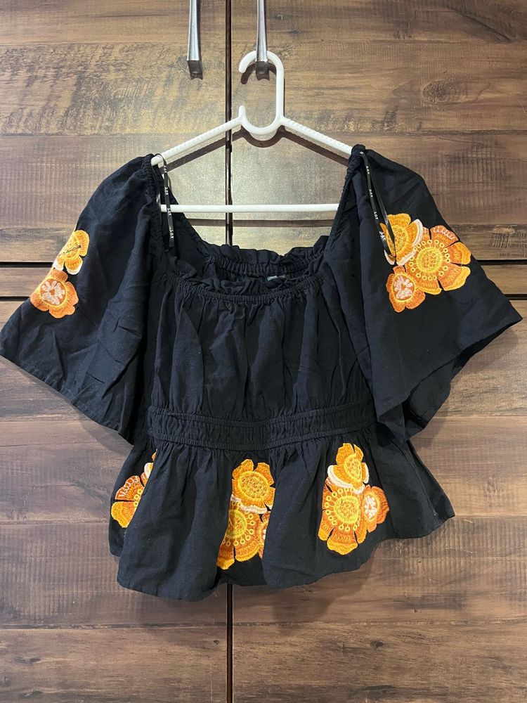 Black Embroidered Off-Shoulder Top