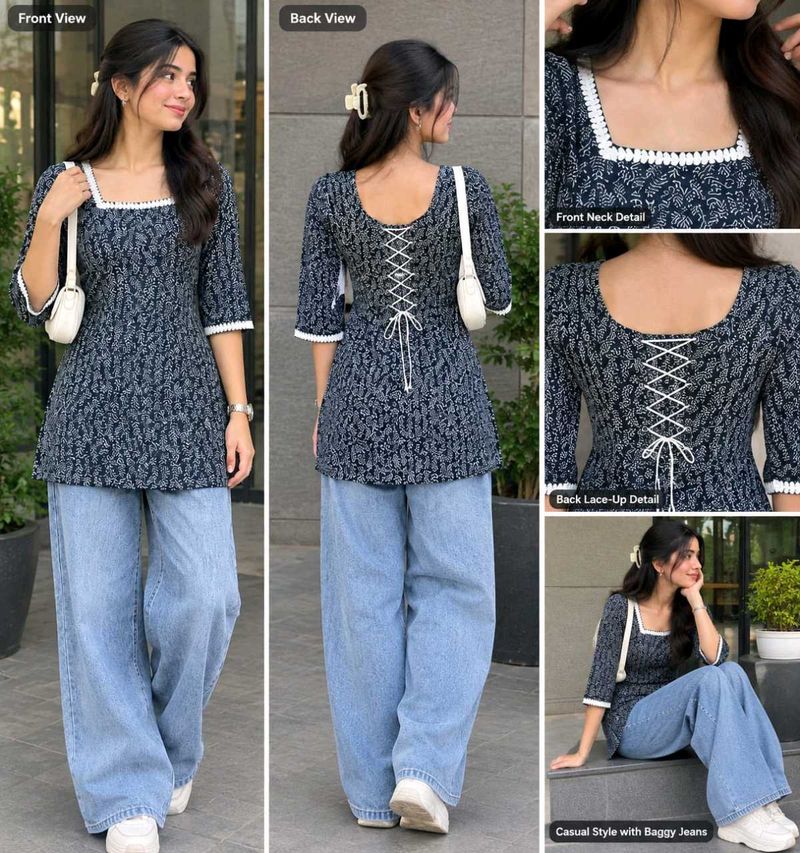 Stylish Printed Kurti with Lace-Up Back