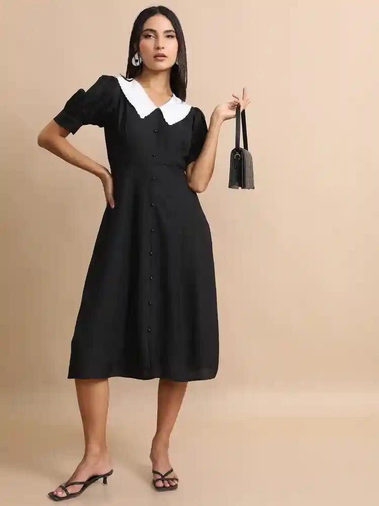 Korean Style Black Midi Dress