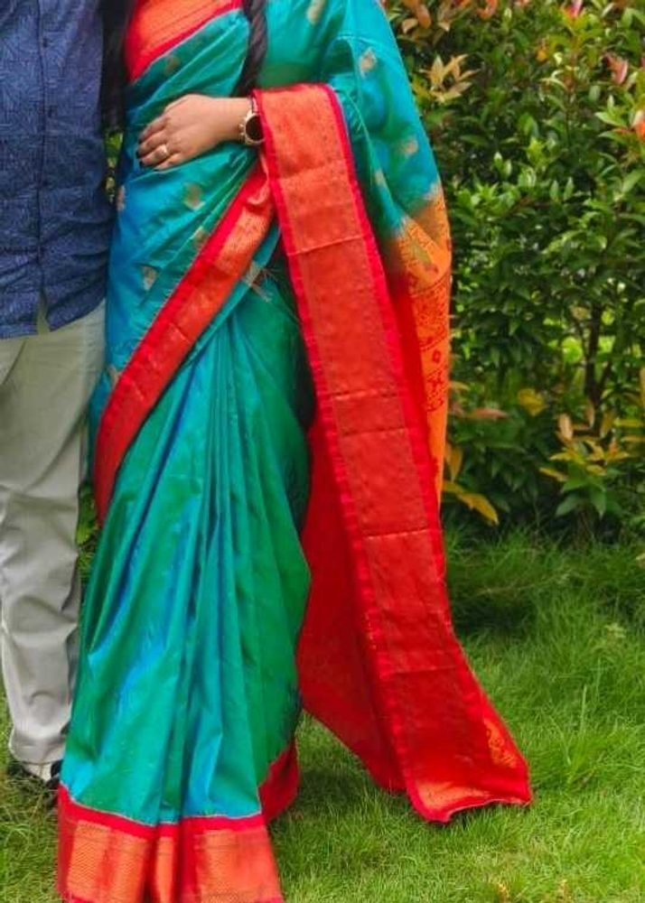 Stunning Teal &amp; Red Silk Saree