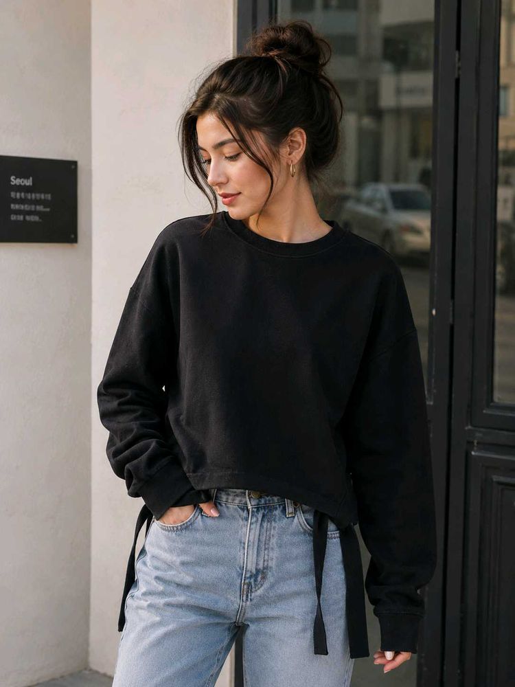 Black Cropped Sweatshirt with Tie Detail