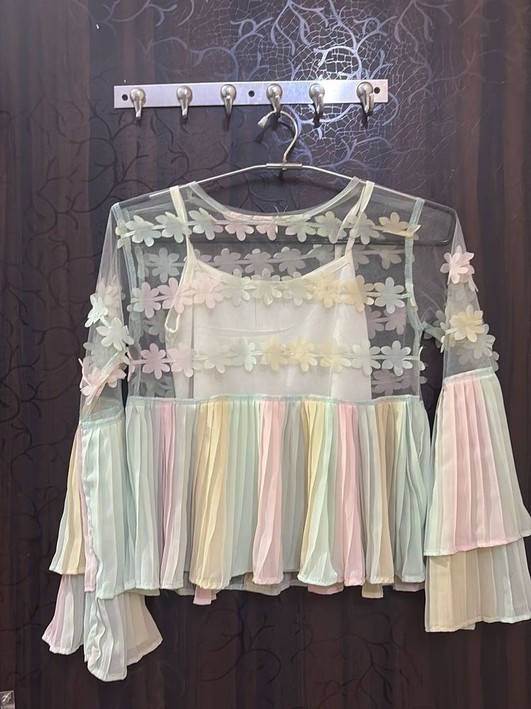 Sheer Floral Bell Sleeve Top with Camisole