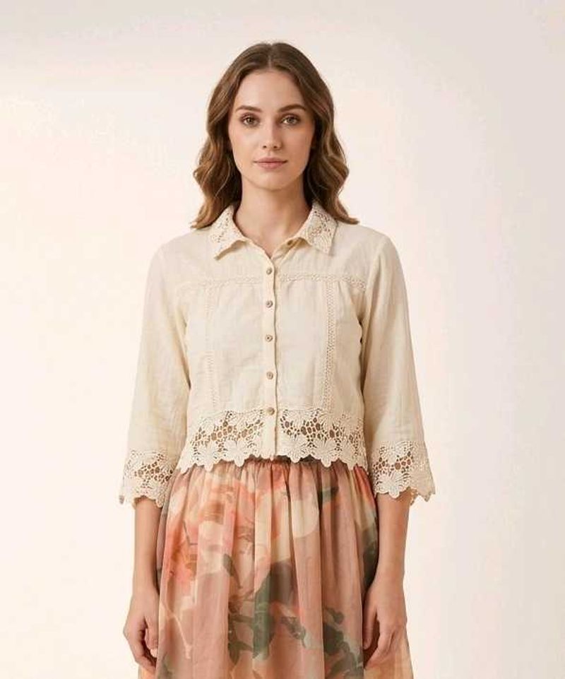 Boho Lace Trim Cropped Shirt