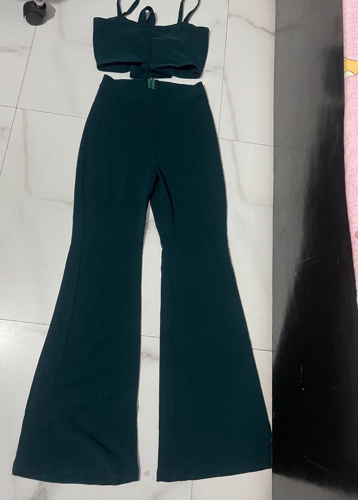 high waist Chic Green Crop Top &amp; Flared Pants Set