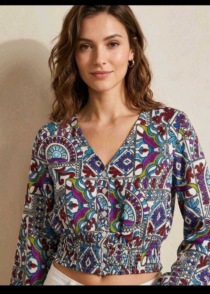 Boho Print V-Neck Smocked Waist Top