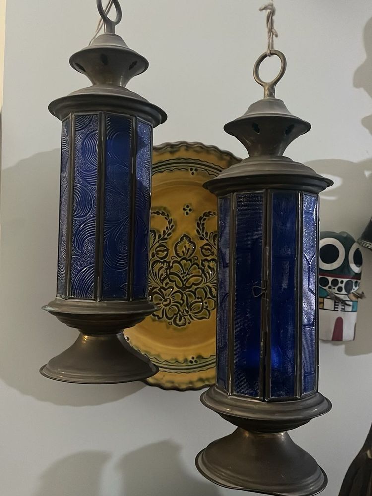 Antique stained glass brass Lanterns (Set of2)