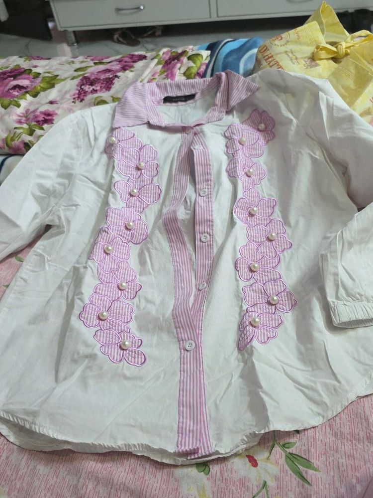 White &amp; Pink Floral Embroidered shirt for ladies
