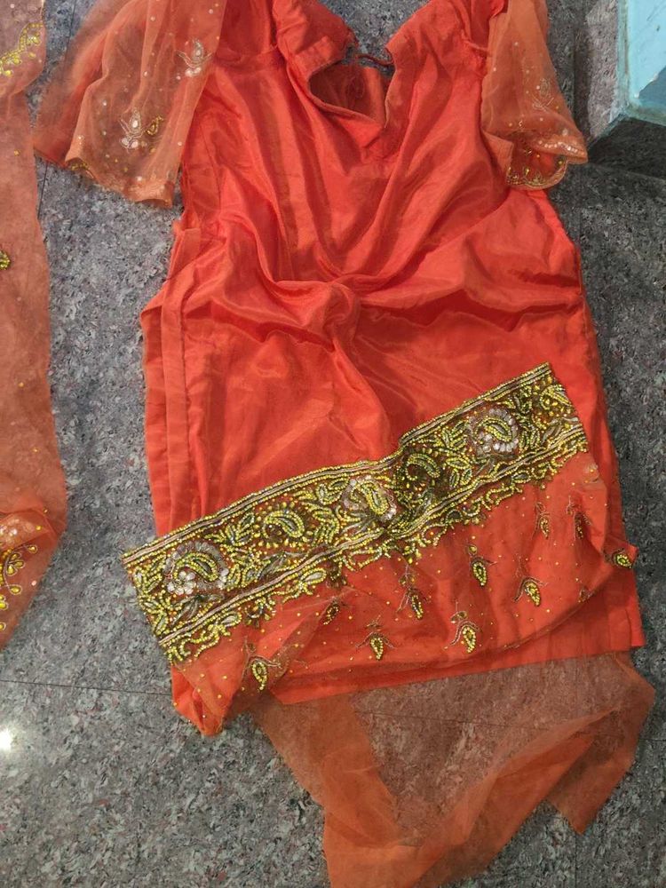 Orange Kurta Set with Embellished Border