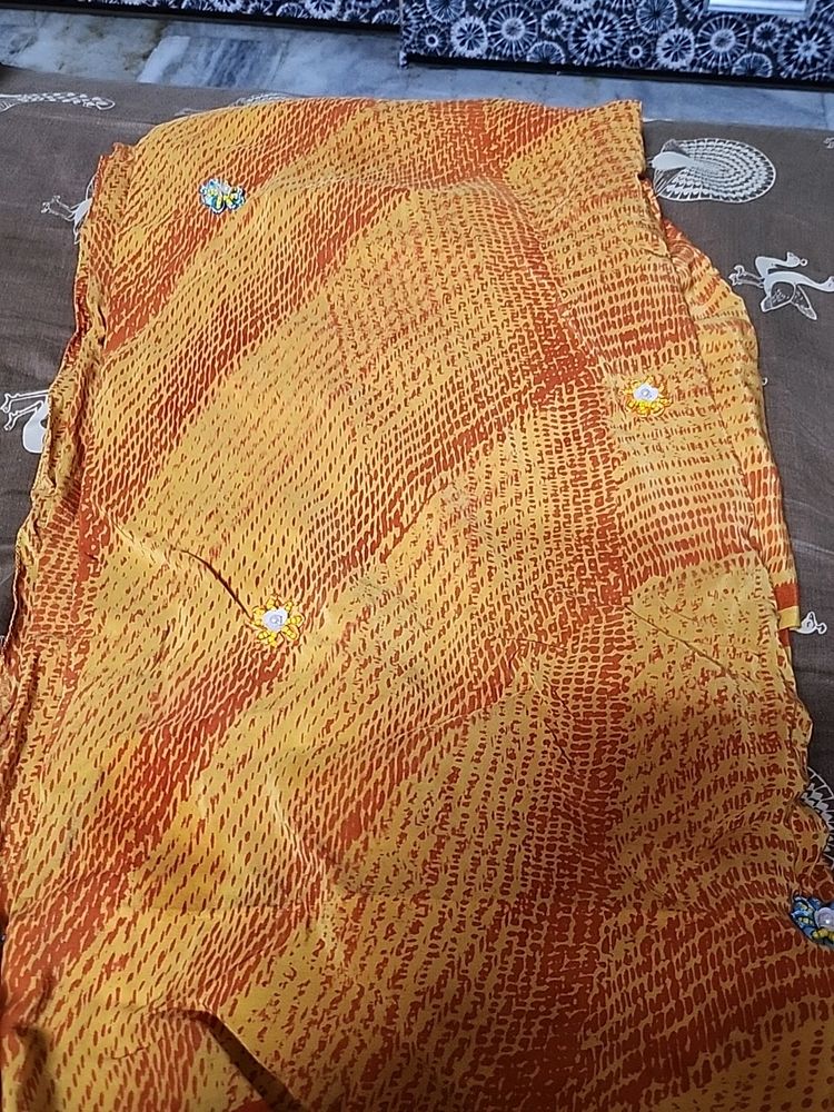 SATYAPUAL Orange Saree With Beaded Flowe