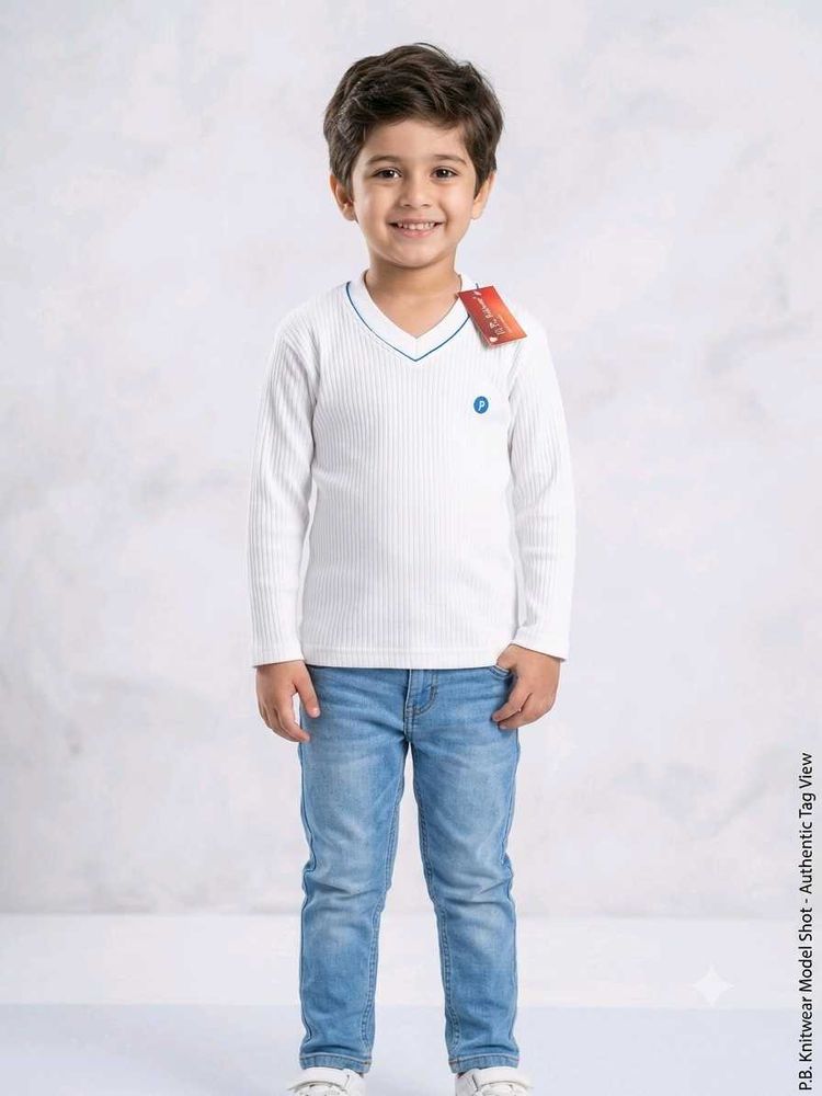 Boys White V-Neck Ribbed Sweater