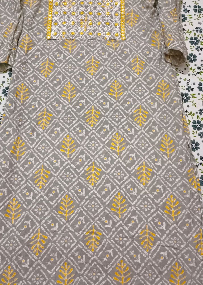 Grey &amp; Yellow Print Kurti Without Dupatta