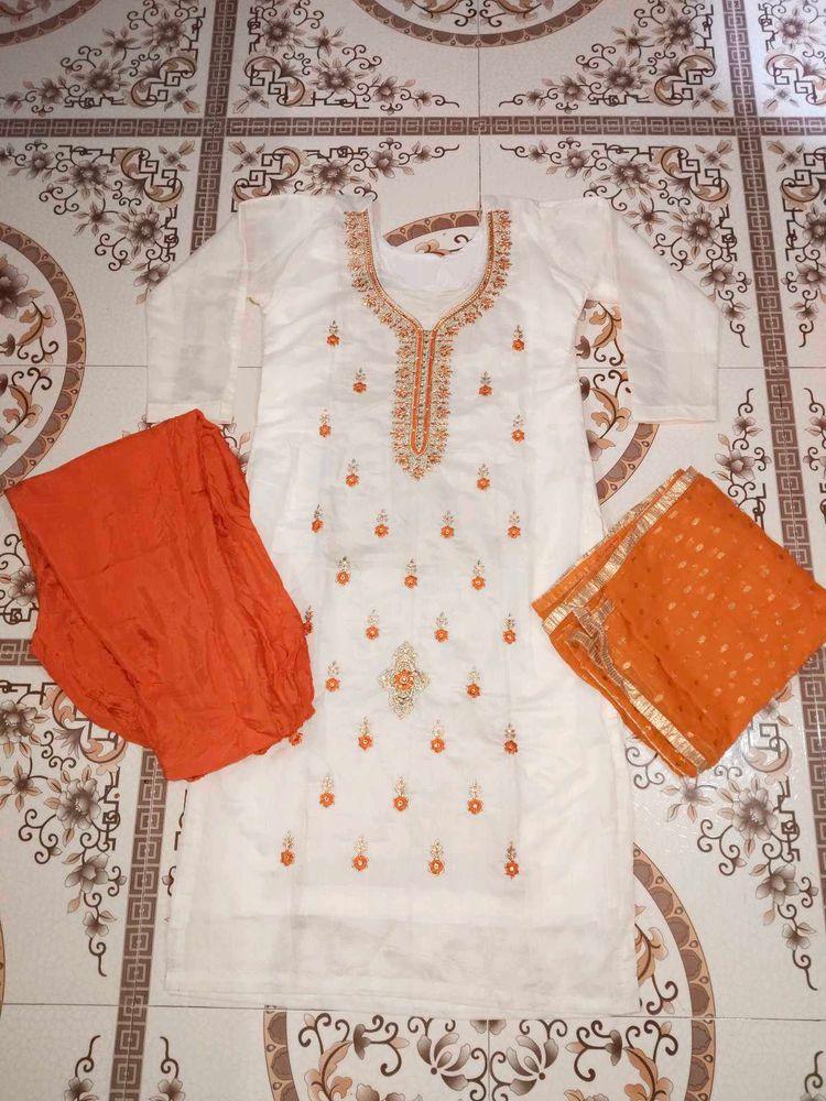 Elegant White and Orange Embroidered Suit Set