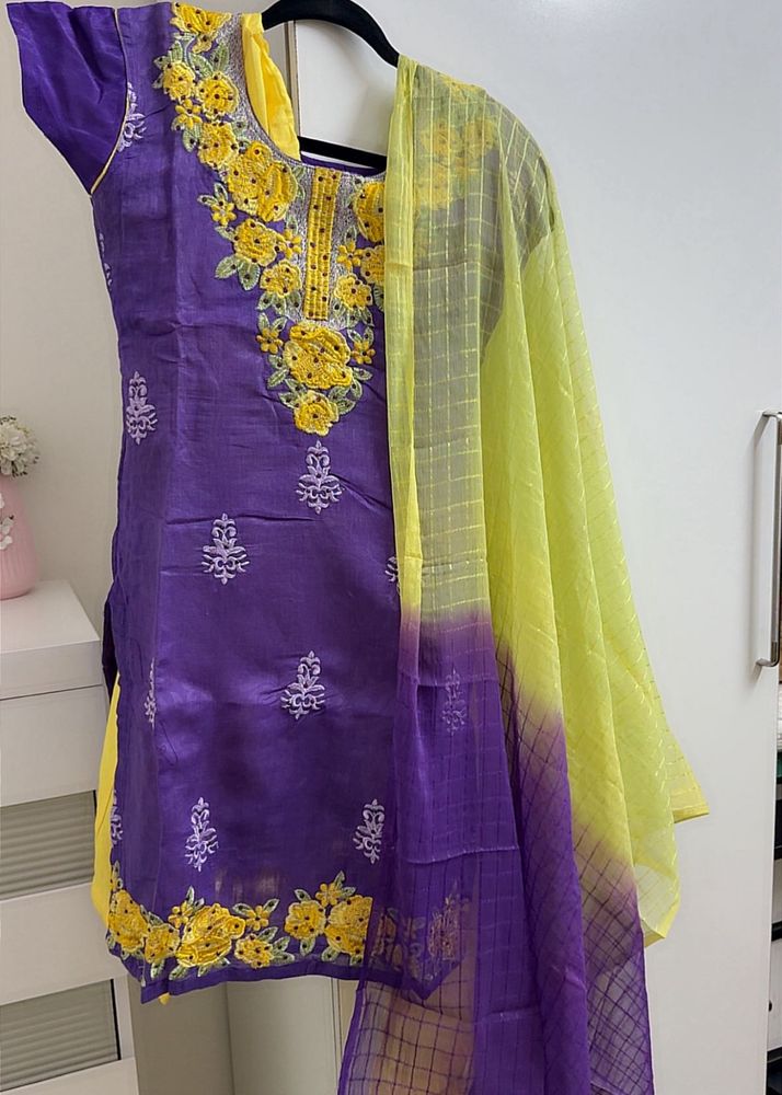 Purple &amp; Yellow Embroidered Patiala Kurta Set