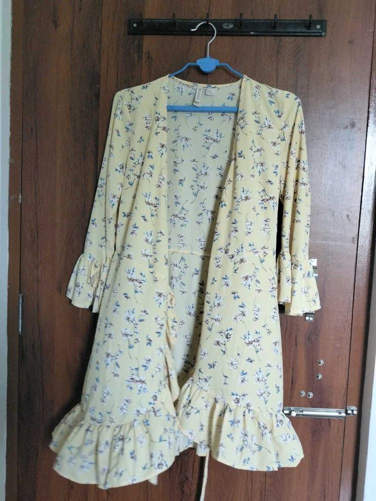Yellow Floral Print Wrap Dress