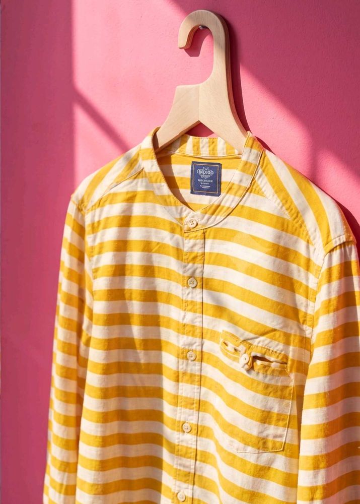 💛 Mustard Yellow Striped Cotton Shirt | Mandarin
