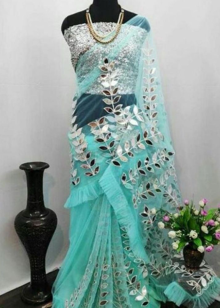 💚 Stylish Sea Green Mirror Work Saree with Stitch