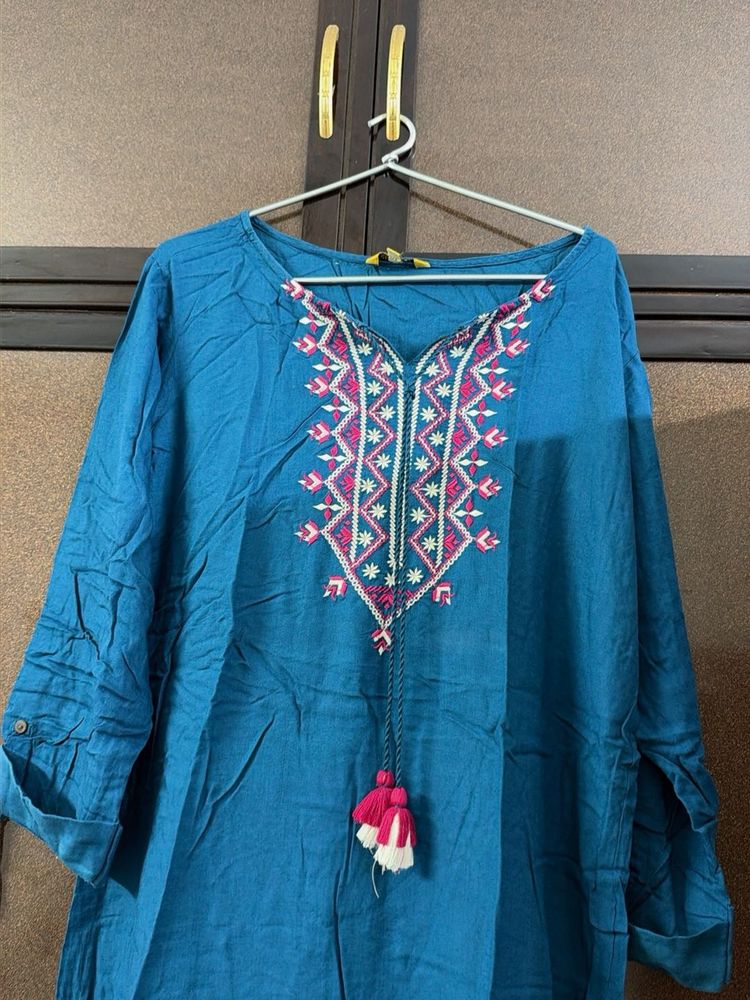 Embroidered Teal Kurta with Tassels
