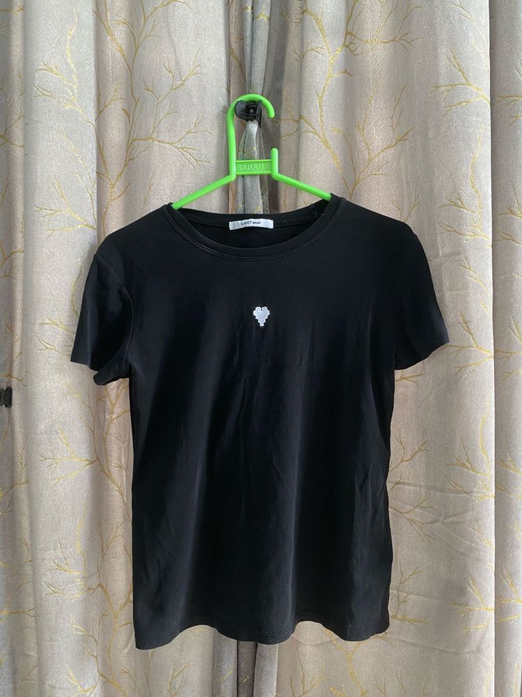 Black T-Shirt with White Heart Graphic