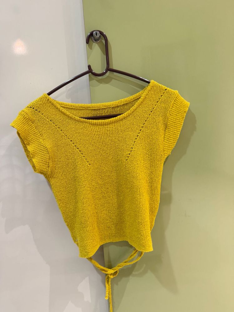 Yellow Knit Crop Top with Tie Back