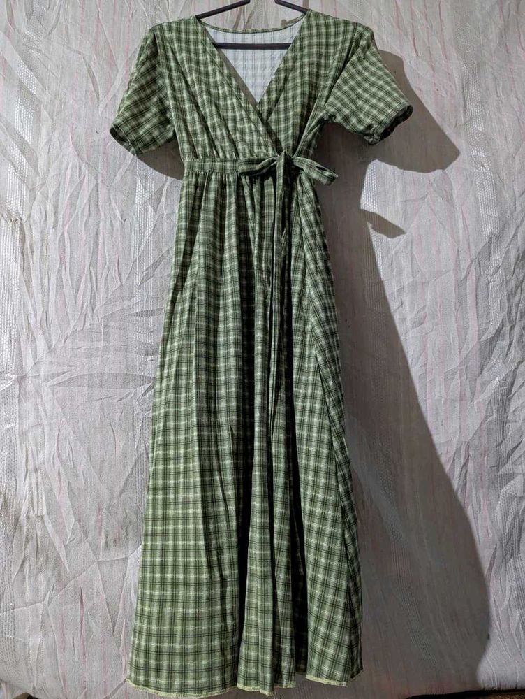 Green Plaid Wrap Dress