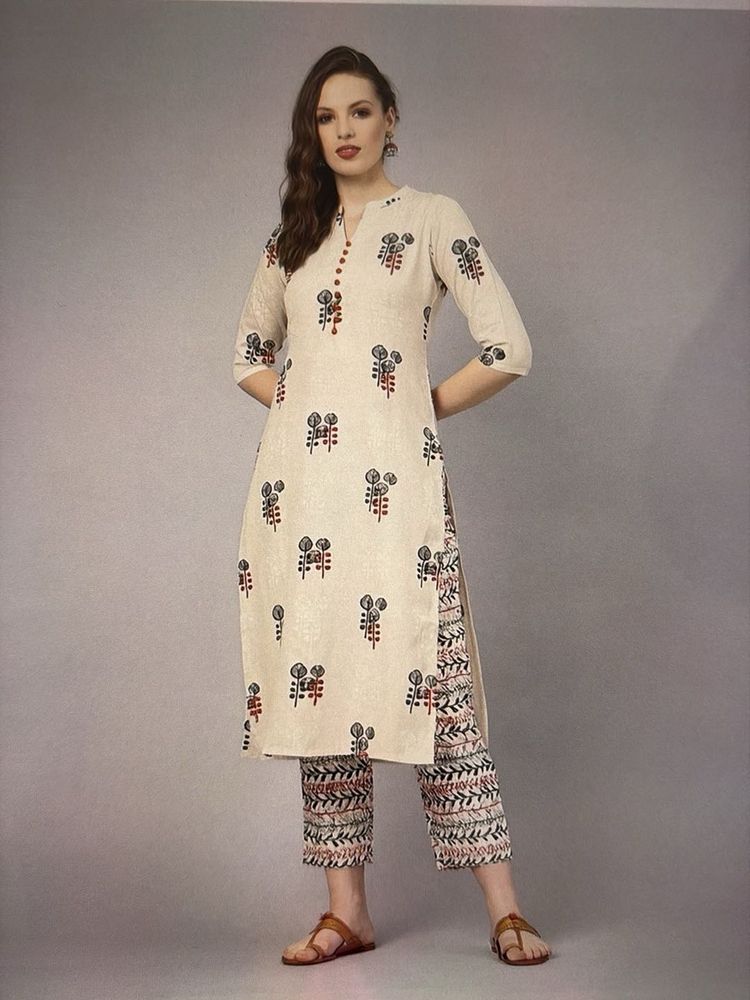 Cream Printed Kurta Set with Pants