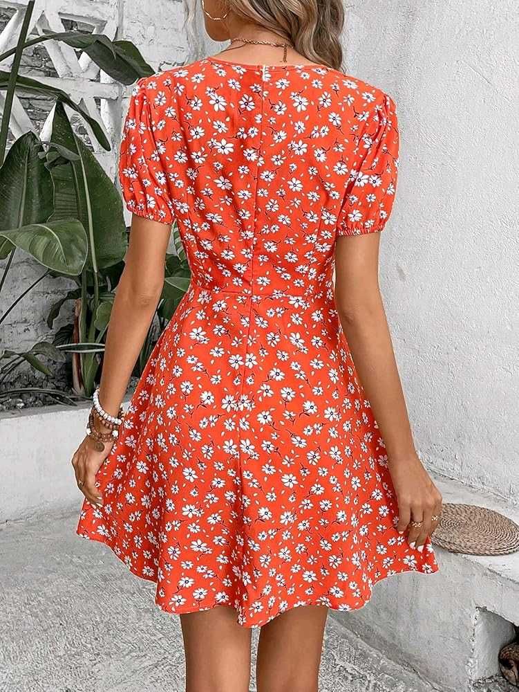Orange Floral Print plus size Mini Dress