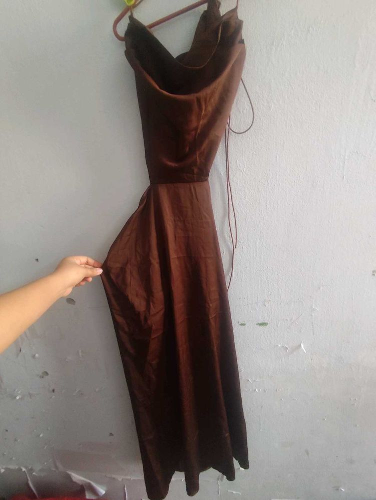 Satin Brown cowl backless Slip Dress