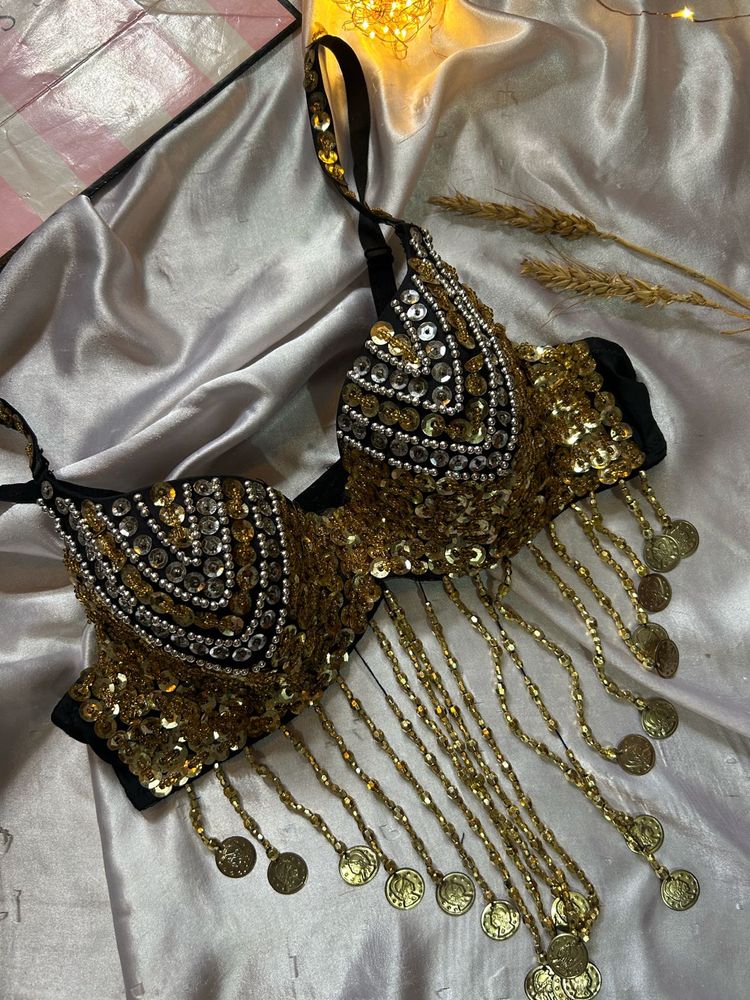 Embellished Sequin Bra Top with Fringe