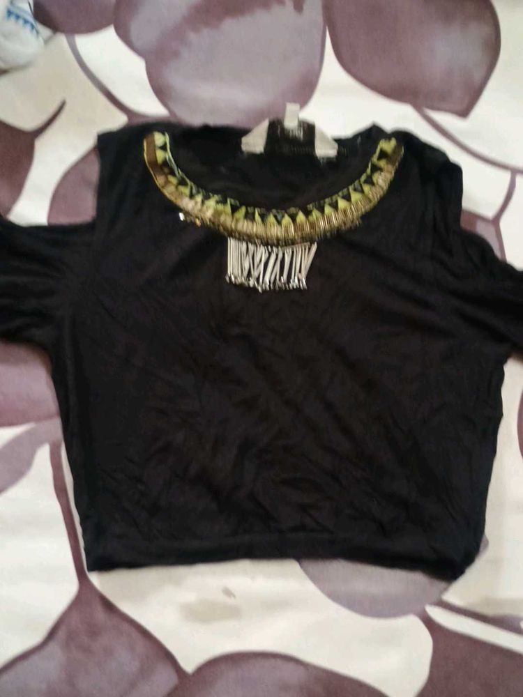 Black Cold Shoulder Top with Embellished Neckline